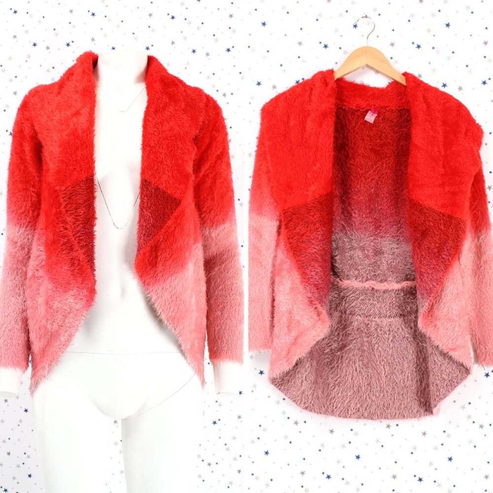 Fuzzy Ombre Cardigan Sweater Red